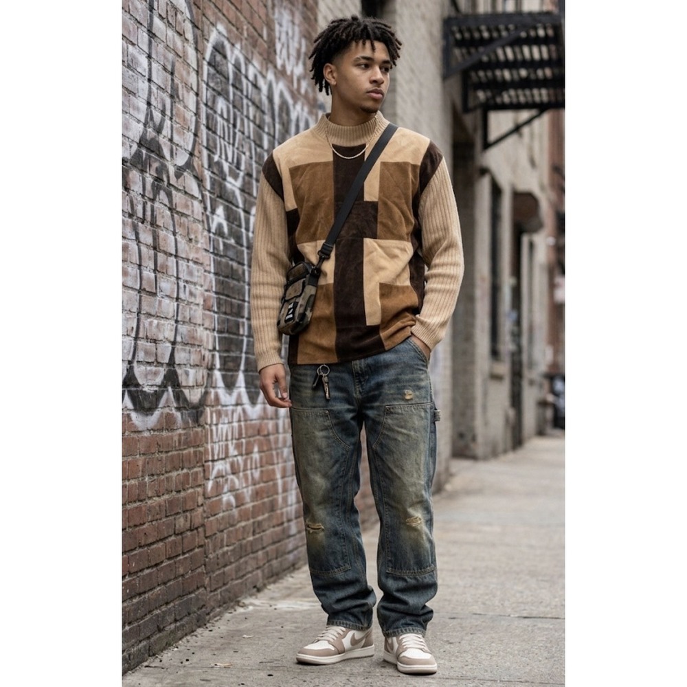 Vintage Koman Faux Suede Patch Mock Sweater, 80's Throwback, Men's‎ XXL